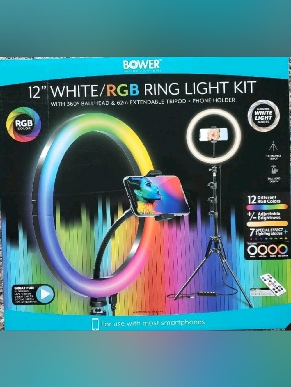 NEW! RGB SELFIE RING STUDIO w/WIRELESS REMOTE, 12 RGB COLORS, 3 WHITE/7 EFFECTS